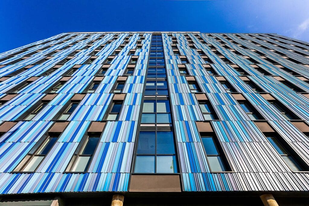 Exterior shot of Bath Court student accommodation in Birmingham by Robert Hirschfield Architects
